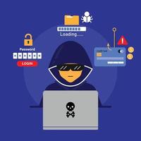Cyber Verbrechen und Hacker Aktivität Konzept mit eben Stil Vektor Illustration.