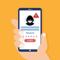 Hand halt Smartphone gehackt Anmeldung und Passwort. Cyber Verbrechen. Illustration Vektor