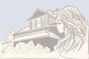 skön kvinna, skön hus, rosor, vektor linje konst illustration.