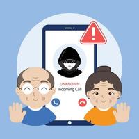 Senior Warnung Telefon Anruf von Unbekannt Nummer. Betrug, Betrug oder Phishing mit Smartphone Konzept. vektor