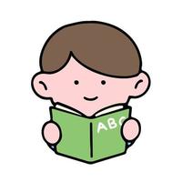 en söt pojke karaktär, läsning en bok, studerar och håller på med läxa, isolerat på en bakgrund, för en tillbaka till skolan begrepp. vektor
