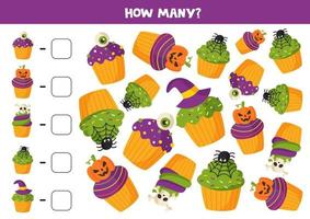 matematik spel med söta tecknade halloween muffins. vektor