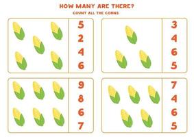 Zählspiel mit Cartoon-Maiskolben. Mathe-Arbeitsblatt. vektor