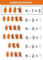 Subtraktion mit niedlichem Herbstblatt. Mathe-Spiel für Kinder. vektor