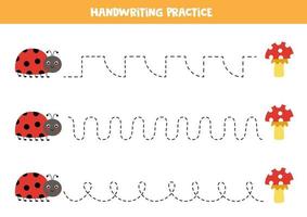 Verfolgen Sie die Linien mit niedlichen Marienkäfer. Schreiberfahrung. vektor