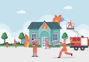 brandmän med husbrandbilar, hjälper människor och djur, använder räddningsutrustning i olika situationer. vektor illustration