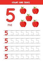 Arbeitsblatt zum Lernen von Zahlen mit niedlichen Äpfeln. Nummer 5. vektor