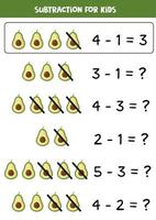 Subtraktion mit niedlicher Cartoon-Avocado. Mathe-Spiel. vektor