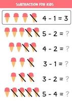 Subtraktion mit niedlichem Cartoon-Eis. Mathe-Spiel für Kinder. vektor