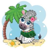 söt zebra i hula dansare kostym, hawaii, barn karaktär. djur- i sommar. sommar högtider, semester vektor