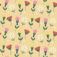 Blumen- nahtlos Muster mit anders Mehrfarbig minimalistisch Blumen auf Gelb Hintergrund. Frühling Hintergrund mit blühen Blumen zum Stoff, Hintergrund, Poster, Banner. Vektor Illustration