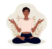 kvinna med stängd ögon mediterar i yoga lotus hållning. de flicka är håller på med henne favorit hobby. de begrepp av zen och harmoni. vektor