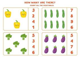 matematikspel för barn. räkna antalet söta kawaiigrönsaker. vektor