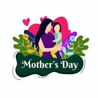 glücklich Mutter Tag, eben Stil Gruß Design mit ein Mutter halten ein Kind, dekorativ Blätter, Blumen und Herzen vektor