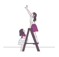 Zwei Mädchen sind auf der Leiter. Hand gezeichnete Art Vektor-Design-Illustrationen. vektor