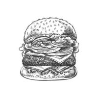 ritad för hand skiss av bra utsökt smörgås, hamburgare, hamburgare isolerat på vit bakgrund. snabb mat årgång illustration. element för de design av etiketter, förpackning och vykort vektor
