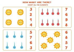 Zählspiel mit niedlichen Wetterelementen. Mathe-Arbeitsblatt. vektor