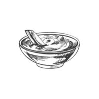 ritad för hand skiss av franska frites potatis med tomat sås isolerat på vit bakgrund. snabb mat illustration. årgång teckning. element för de design av etiketter, förpackning och vykort. vektor
