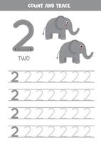 Arbeitsblatt zum Lernen von Zahlen mit niedlichen Elefanten. Nummer 2. vektor