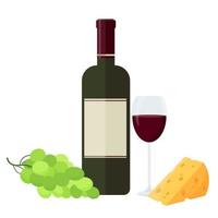 eine Flasche Rotwein, ein Glas, Trauben und Käse. Vektorillustration lokalisiert auf einem weißen Hintergrund.