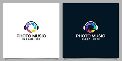 logotyp design mall musik. logotyp hörlurar med fotografi kamera slutare logotyp. premie vektor