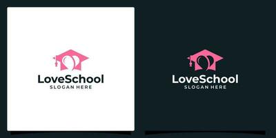 högskola, gradering keps, campus, utbildning logotyp design och hjärta vektor symbol illustration grafisk design.