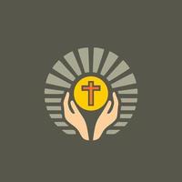 korsa logotyp design med händer och Sol på tillbaka, lämplig för religiös gemenskap vektor