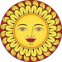 Sol ansikte med blomma formad strålar runt om, lugna charm vektor Sol ansikte illustration
