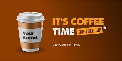 hämtmat kaffe annonser baner vektor, hämtmat kopp förpackning med etiketter i 3d illustration vektor design i brun bakgrund.