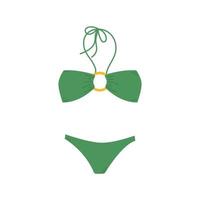 kvinna mode baddräkt. platt isolerat illustration av teckning trendig kvinna strandkläder. två bit grön simning kostym eller badning underkläder underkläder med nacke band. vektor färgrik badkläder