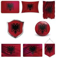 Satz der Nationalflagge von Albanien in verschiedenen Mustern auf einem weißen Hintergrund. realistische Vektorillustration. vektor