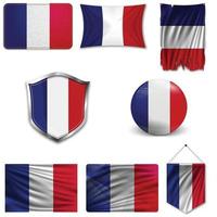uppsättning av den nationella flaggan i Frankrike i olika mönster på en vit bakgrund. realistisk vektorillustration. vektor