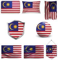 Satz der Nationalflagge von Malaysia in verschiedenen Designs auf weißem Hintergrund. realistische Vektorillustration. vektor