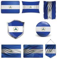 Satz der Nationalflagge von Nicaragua in verschiedenen Designs auf weißem Hintergrund. realistische Vektorillustration. vektor