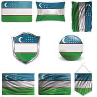 uppsättning av uzbekistans nationella flagga i olika mönster på en vit bakgrund. realistisk vektorillustration. vektor