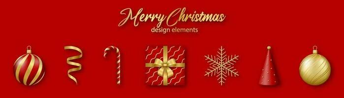 jul och ny år design element. uppsättning av guld och röd 3d realistisk former. vektor
