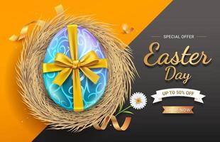 Fröhliche Ostern Feier Verkauf Banner Ei mit Goldband auf Nest vektor