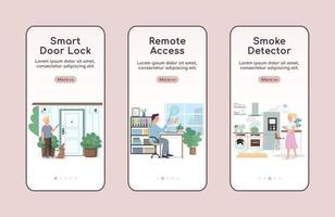 Smart Home Security Onboarding Mobile App Bildschirm flache Vektor-Vorlage. Walkthrough-Website für Fernzugriff und Automatisierung mit Zeichen. UX, UI, GUI Smartphone Cartoon-Oberfläche, Falldrucke eingestellt vektor