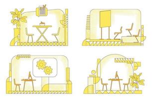 flache Silhouette-Vektorillustrationen des Firmeninnenraums eingestellt. Coworking Space Contour Komposition auf gelbem Hintergrund. Cafeteria, Konferenzraum und Geschäftsbüros im einfachen Stil zeichnen Zeichnungen vektor