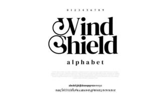 Windschutzscheibe abstrakt Mode Schriftart Alphabet. minimal modern städtisch Schriftarten zum Logo, Marke usw. Typografie Schrift Großbuchstaben Kleinbuchstaben und Nummer. Vektor Illustration