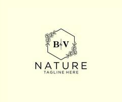 första bv brev botanisk feminin logotyp mall blommig, redigerbar förhandsgjord monoline logotyp lämplig, lyx feminin bröllop varumärke, företags. vektor