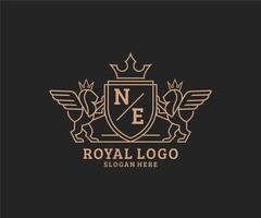 första ne brev lejon kunglig lyx heraldisk, vapen logotyp mall i vektor konst för restaurang, kungligheter, boutique, Kafé, hotell, heraldisk, Smycken, mode och Övrig vektor illustration.