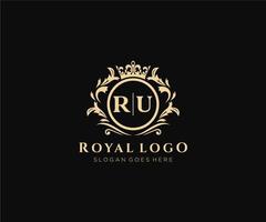 första ru brev lyxig varumärke logotyp mall, för restaurang, kungligheter, boutique, Kafé, hotell, heraldisk, Smycken, mode och Övrig vektor illustration.