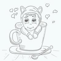 komisch wenig Mann Chibi absetzen im ein Tee Tasse Kontur Vektor Illustration