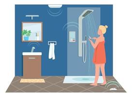 Mädchen im flachen Farbvektor des intelligenten Badezimmers gesichtslosen Charakter. junge Frau, die Dusche fernsteuert. Cartoon-Illustration zur Steuerung des Internets der Dinge für Webgrafikdesign und Animation vektor