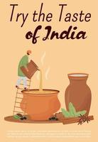 smak av Indien affisch platt vektor mall. traditionell indisk dryck broschyr, häfte en sida konceptdesign med seriefigur. kryddiga drycker, chaiwala och chaach flyer, broschyr