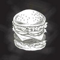 handgemalt skizzieren von großartig köstlich Sandwich, Burger, Hamburger isoliert auf Tafel Hintergrund. schnell Essen Jahrgang Illustration. Element zum das Design von Etiketten, Verpackung und Postkarten vektor