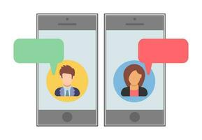 Text Botschaft. SMS zwischen Mann und Frau auf ein anders Handy, Mobiltelefon Geräte. Menschen Symbol im eben Stil. Vektor Illustration