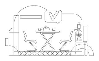 företagets cafeteria disposition vektorillustration. Tom kontorslounge zon kontur sammansättning på vit bakgrund. icke-formell mötesplats och pratbubbla med bock enkel stilritning vektor
