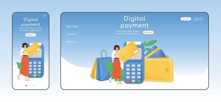 digital betalningsadaptiv målsida platt färgvektormall. kontantlösa transaktioner mobil- och pc-hemsidlayout. kundservice en sida webbplats ui. kreditkortswebbsida plattformsdesign vektor